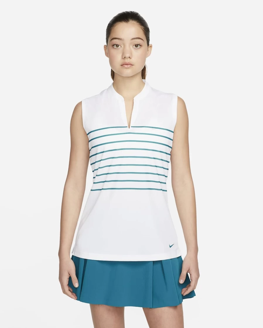 Nike Dri-FIT Victory Women's White & Bright Spruce Striped Sleeveless Golf Polo Shirt