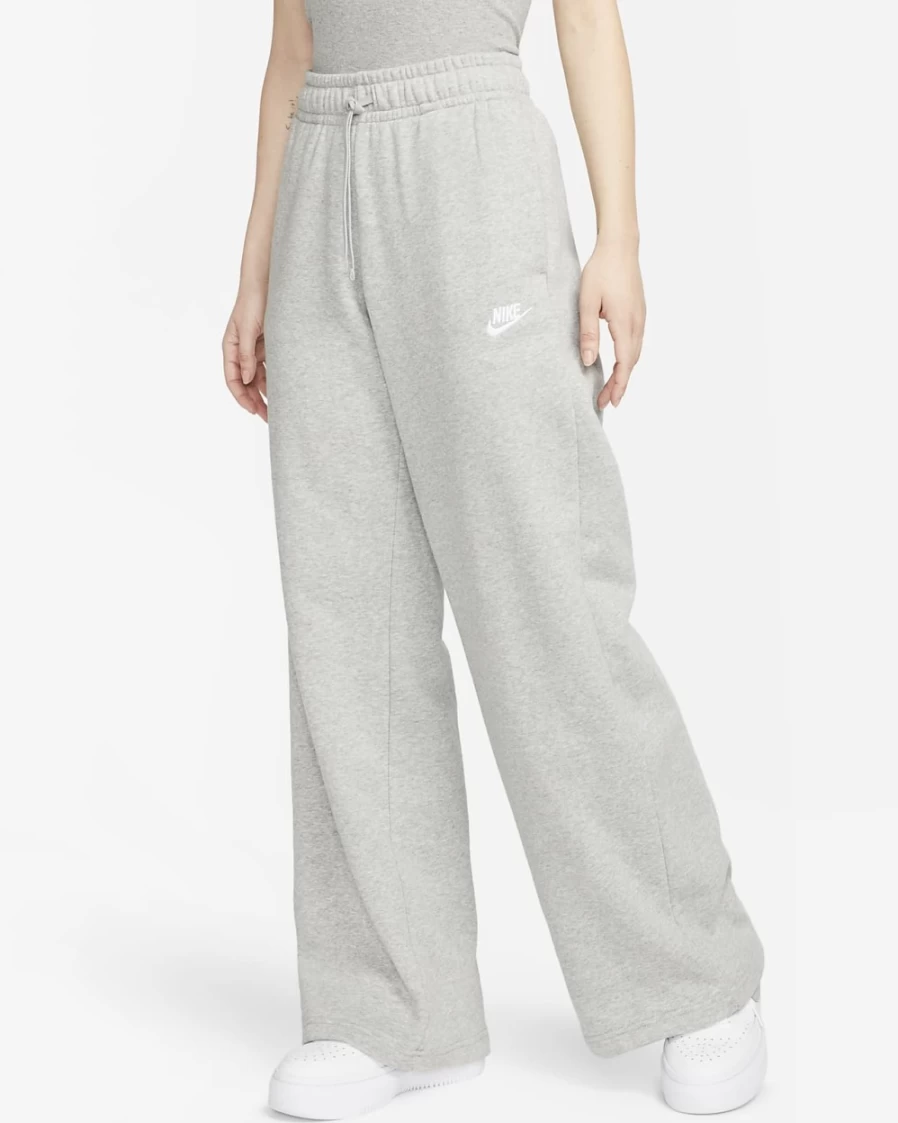 Nike Women's Club Fleece Wide-Leg Sweatpants - Dark Grey Heather/White - Mid-Rise Comfort