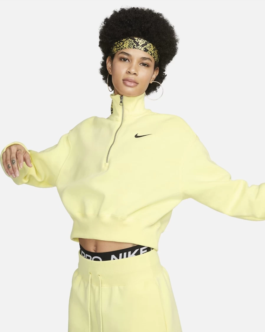 Nike Women's Lemon Chiffon Oversized 1/2-Zip Crop Fleece Sweatshirt - Phoenix Fleece Pullover