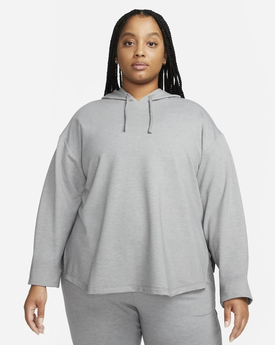 Nike Women's Plus Size Yoga Dri-FIT Fleece Hoodie in Particle Grey Heather Iron Grey