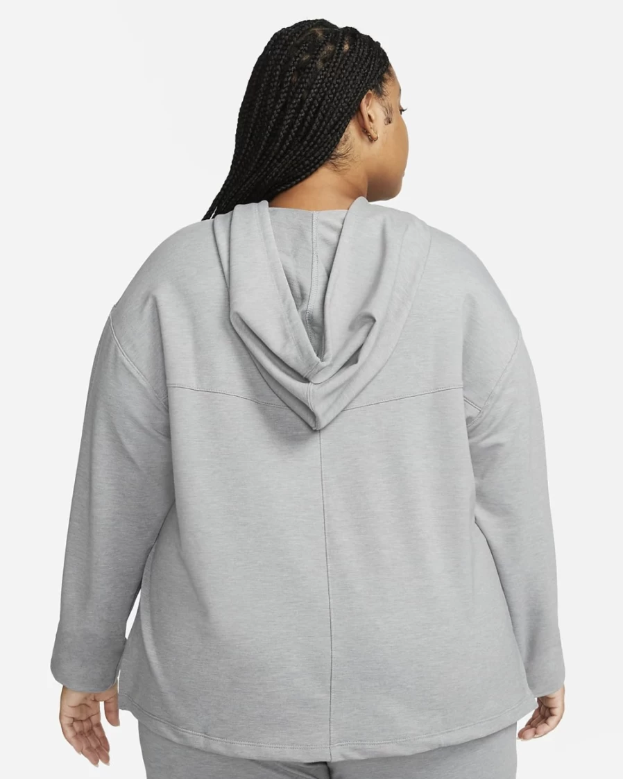 Nike Women's Plus Size Yoga Dri-FIT Fleece Hoodie in Particle Grey Heather Iron Grey