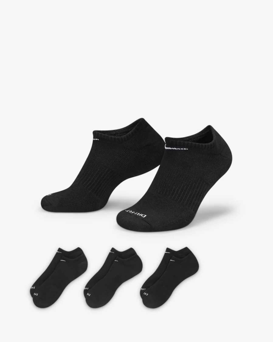 Nike Everyday Plus Cushion No-Show Socks 3-Pack for Men & Women - Black/White Athletic Training Socks