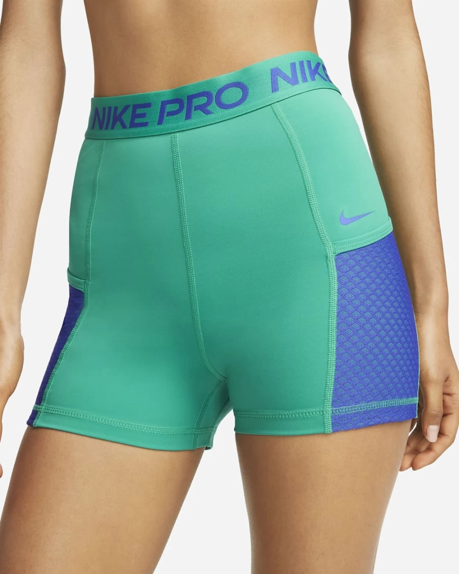 Nike Pro Women's High-Waisted 3" Training Shorts with Pockets - Neptune Green/Lapis Athletic Workout Shorts for Women