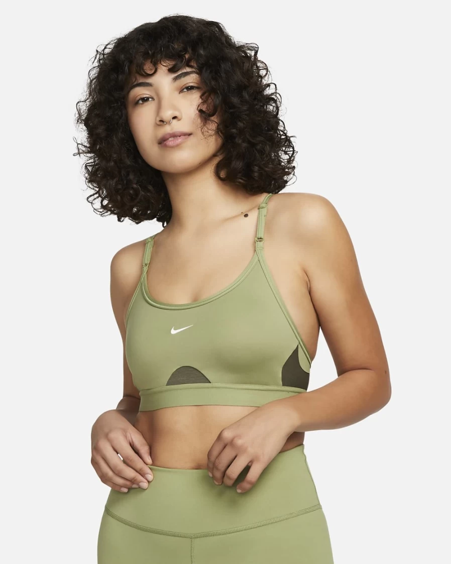 Nike Indy Women's Light-Support Sports Bra - Alligator/Cargo Khaki/White Padded U-Neck Design