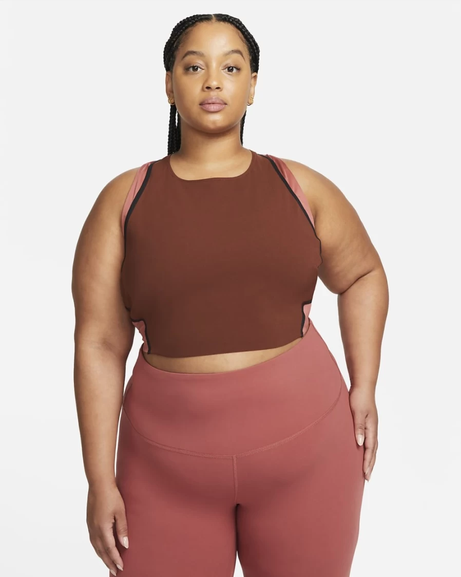 Nike Women's Plus Size Yoga Dri-FIT Luxe Cropped Tank Top in Oxen Brown, Canyon Rust, Black & Iron Grey