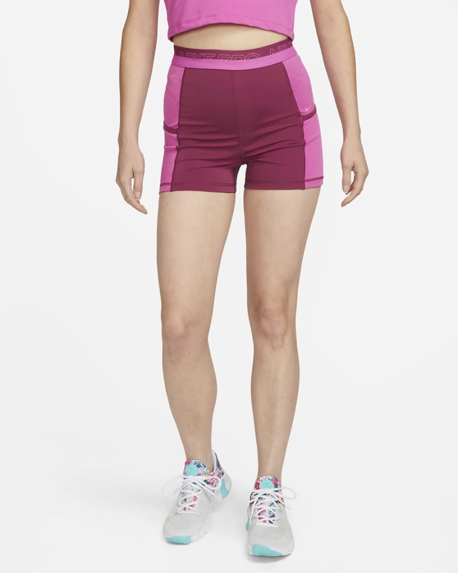 Nike Pro Women's High-Waisted 3" Workout Shorts with Pockets - Rosewood/Active Fuchsia/Pinksicle Training Shorts for Gym & Running