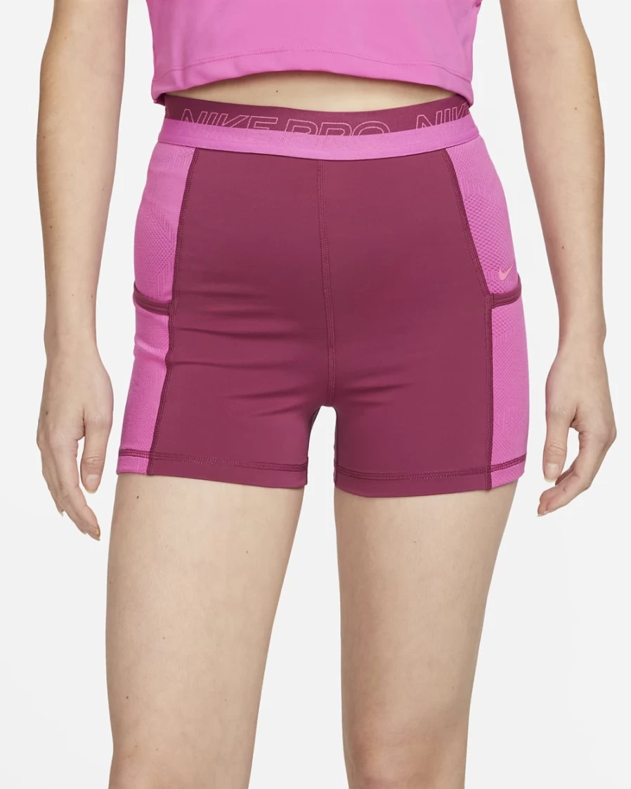 Nike Pro Women's High-Waisted 3" Workout Shorts with Pockets - Rosewood/Active Fuchsia/Pinksicle Training Shorts for Gym & Running