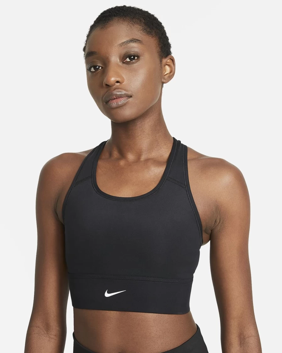 Nike Women's Black/White Medium-Support Longline Sports Bra with Swoosh Design and Padded 1-Piece Construction