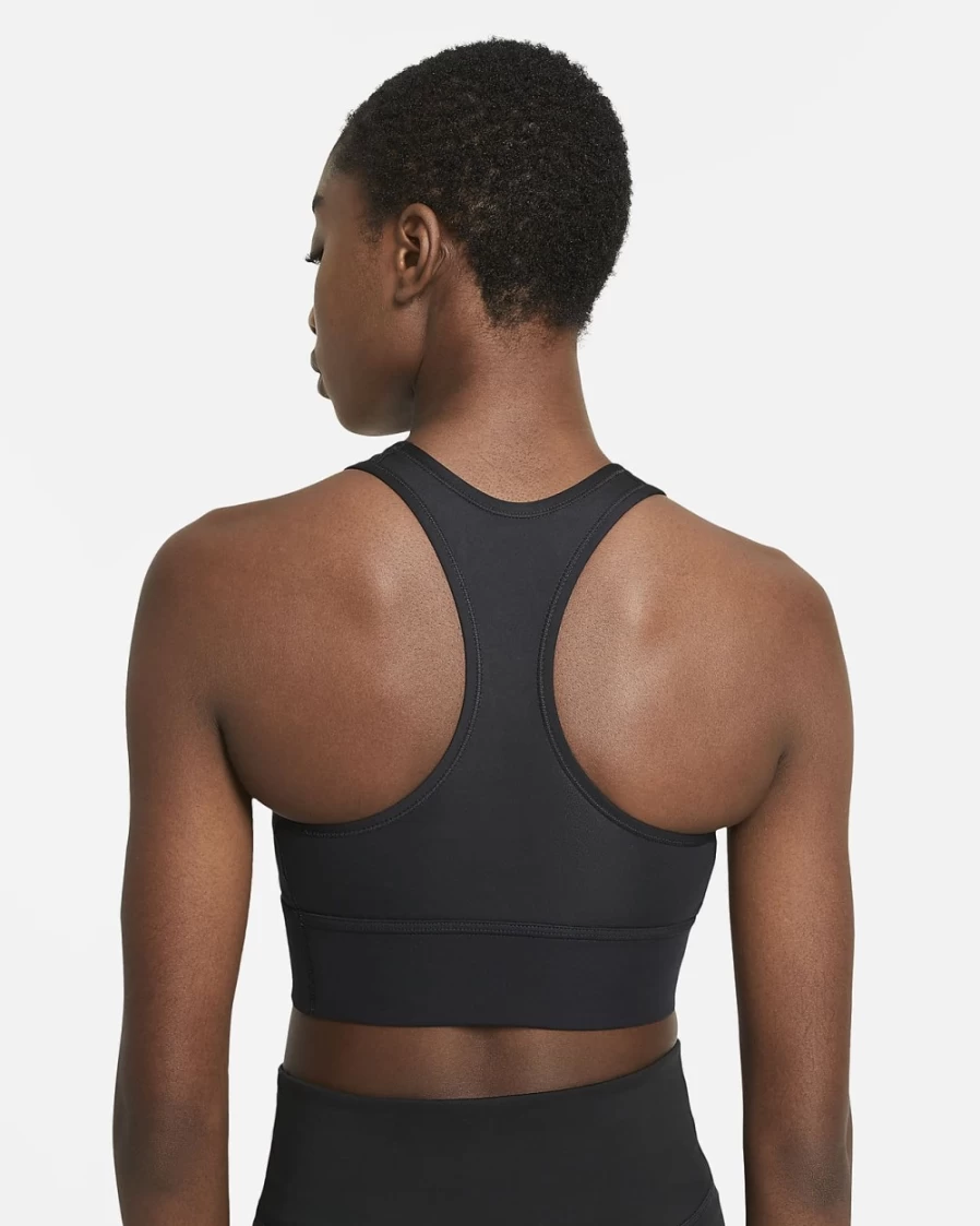 Nike Women's Black/White Medium-Support Longline Sports Bra with Swoosh Design and Padded 1-Piece Construction