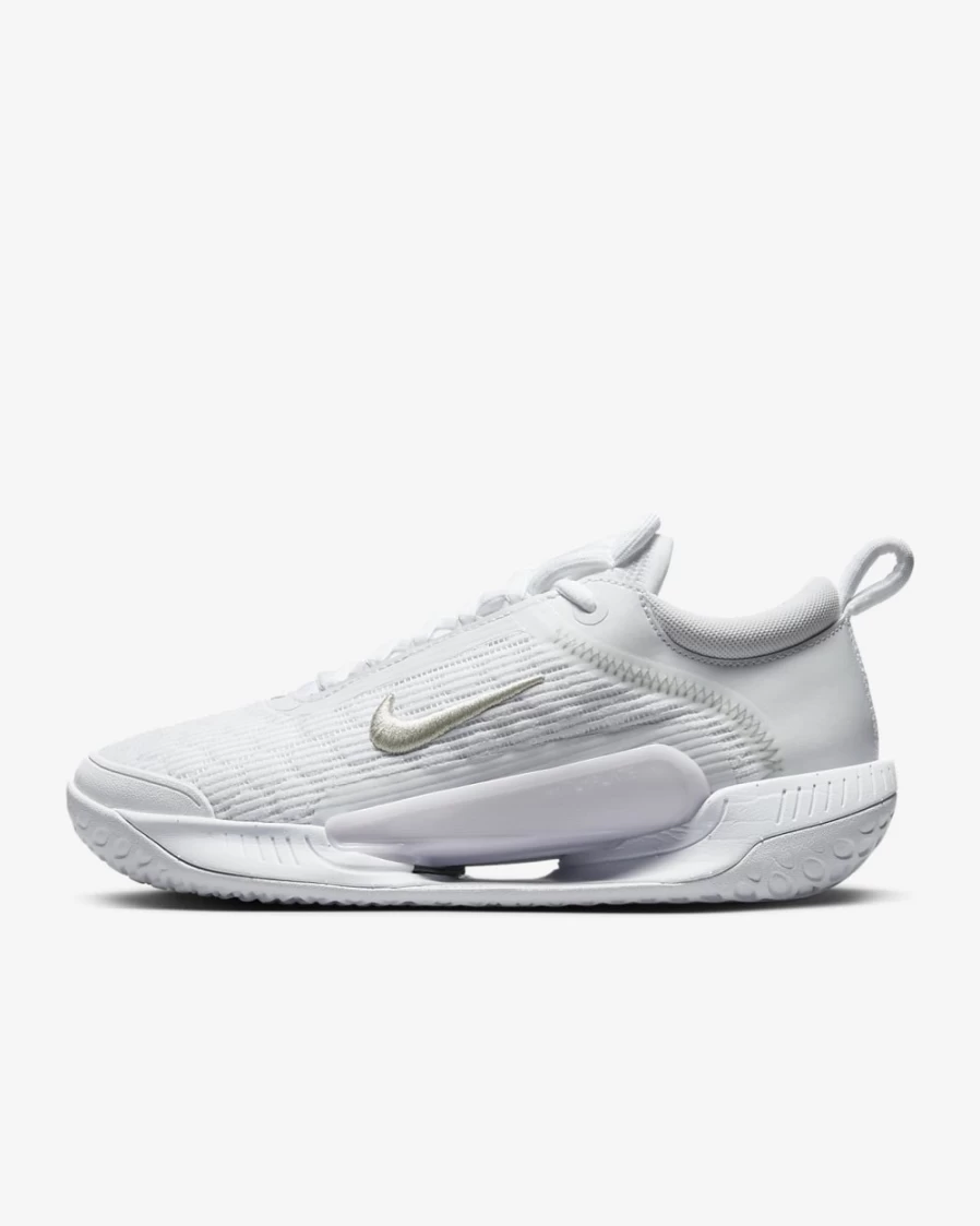 Nike Women's Court Air Zoom NXT Tennis Shoes in White, Grey Fog & Metallic Silver for Hard Court