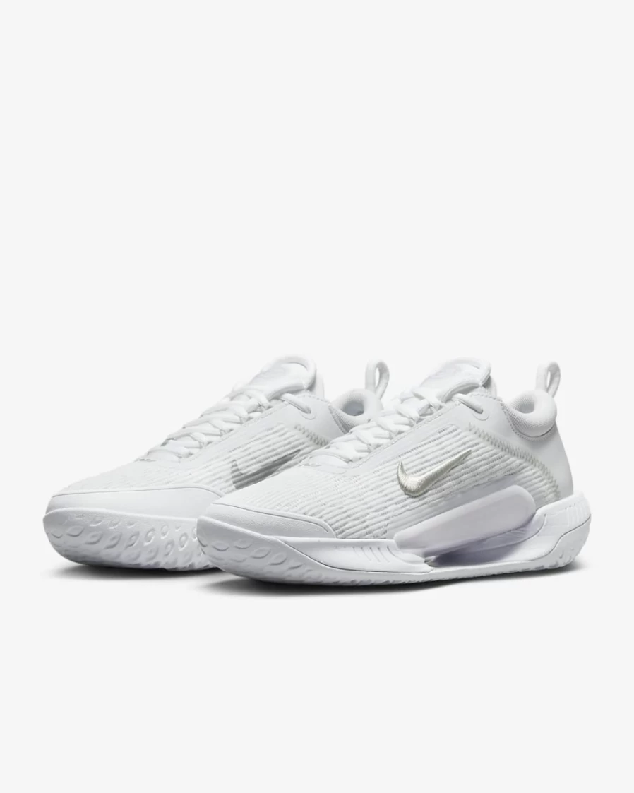 Nike Women's Court Air Zoom NXT Tennis Shoes in White, Grey Fog & Metallic Silver for Hard Court
