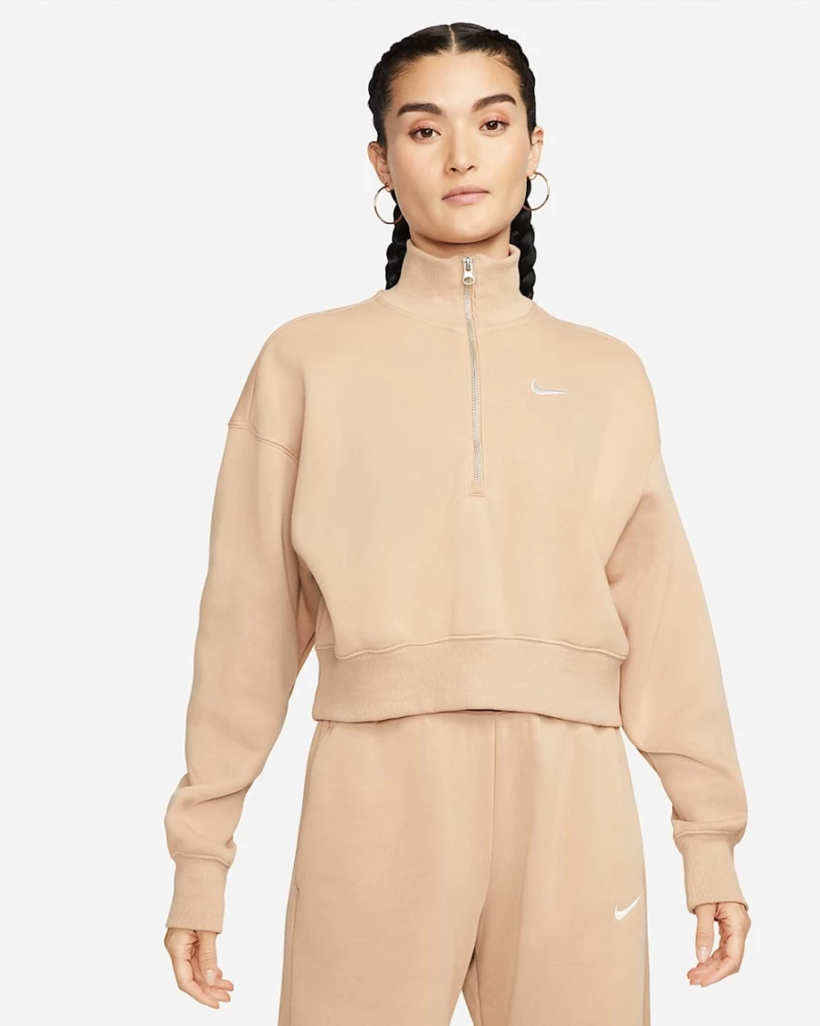 Nike Women's Hemp/Sail Oversized Phoenix Fleece 1/2-Zip Crop Sweatshirt | Sportswear Collection