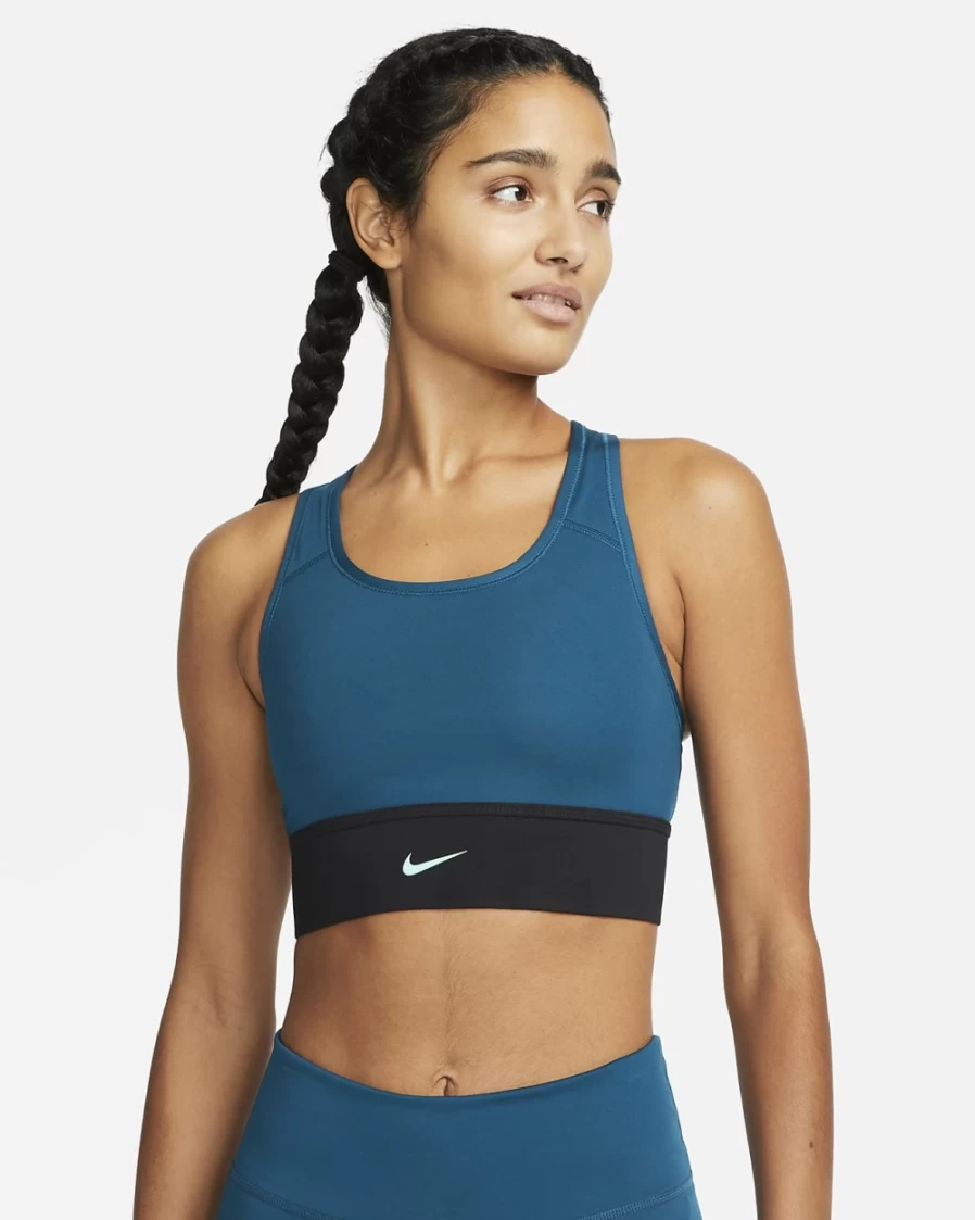 Nike Swoosh Women's Medium-Support Longline Sports Bra - Valerian Blue/Black/Green Glow - Padded 1-Piece Workout Top