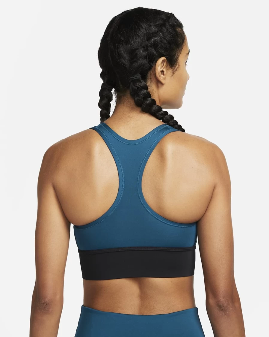 Nike Swoosh Women's Medium-Support Longline Sports Bra - Valerian Blue/Black/Green Glow - Padded 1-Piece Workout Top