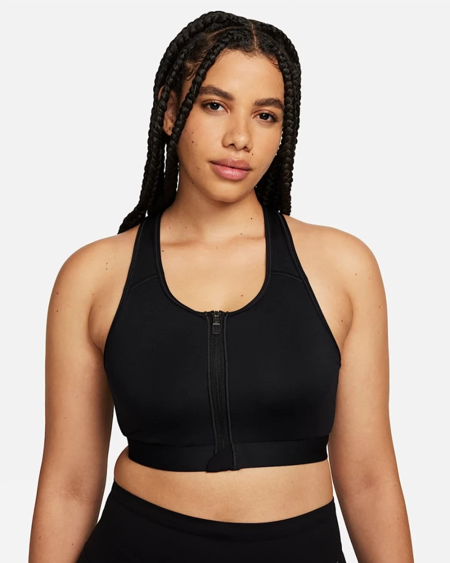 Nike Women's Medium-Support Swoosh Padded Sports Bra - Black/White Zip-Front Design