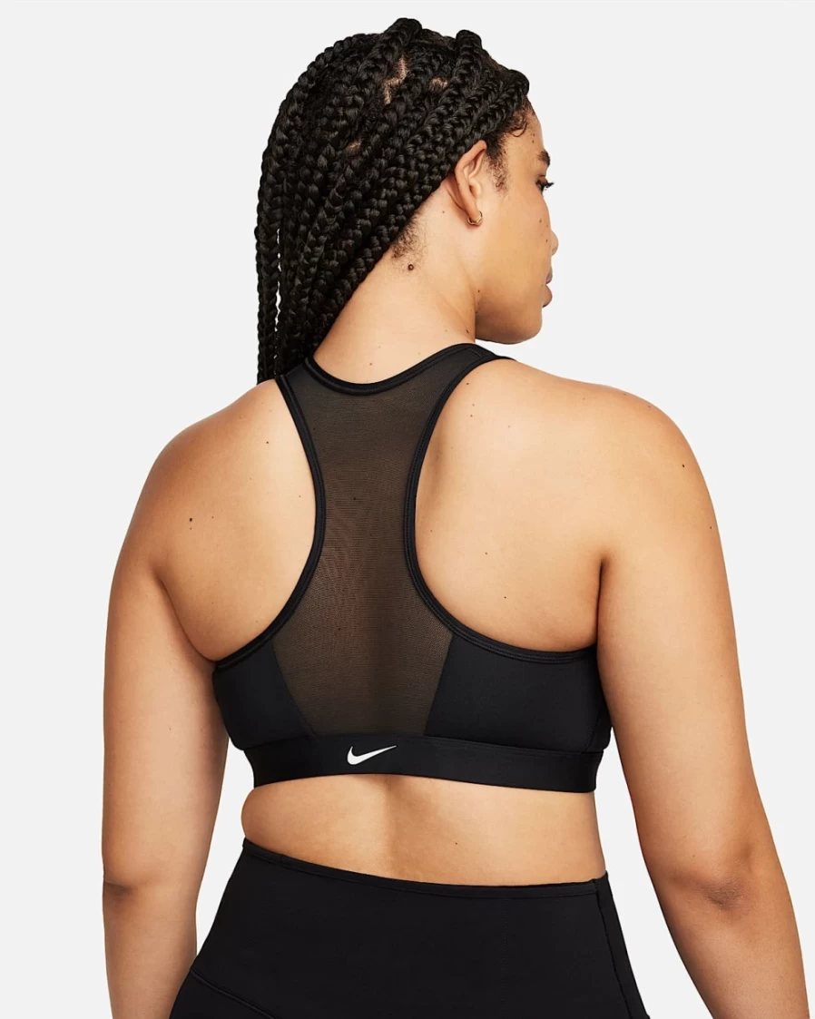 Nike Women's Medium-Support Swoosh Padded Sports Bra - Black/White Zip-Front Design