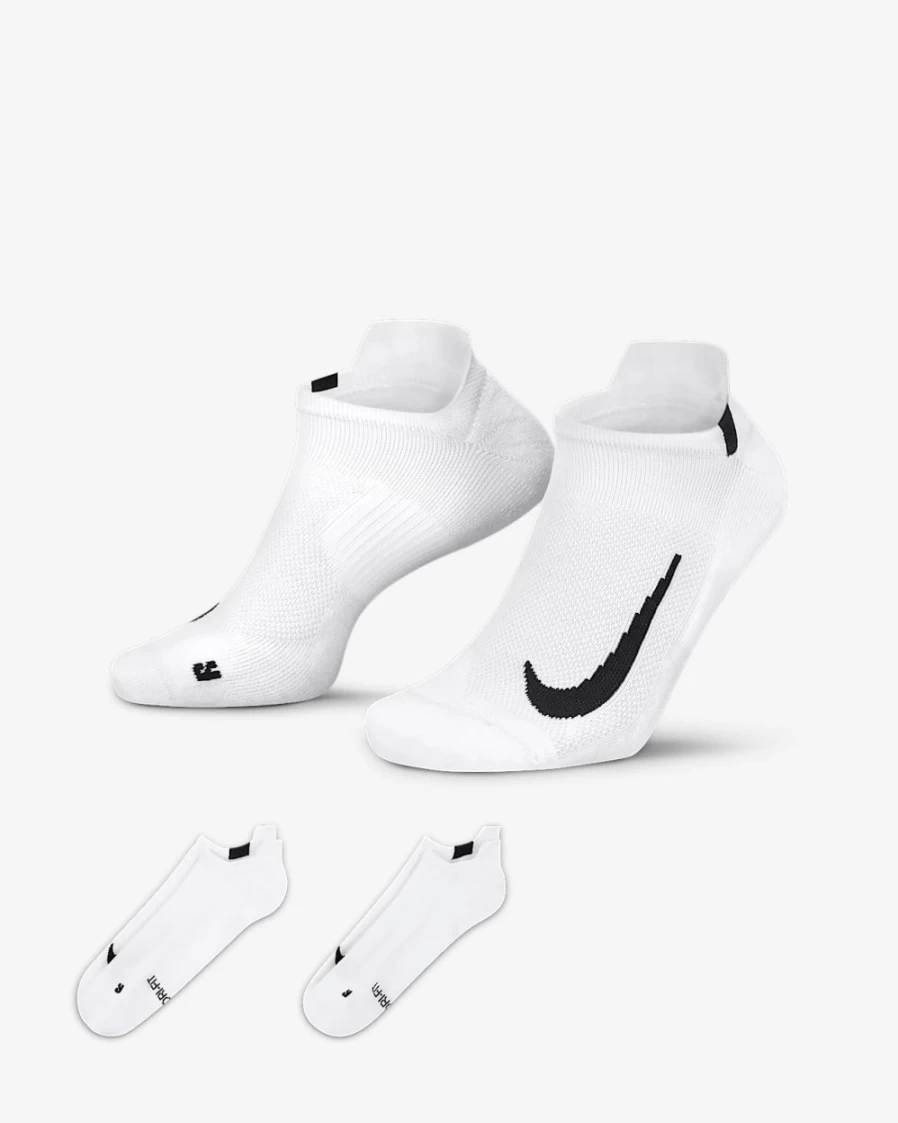 Nike Multiplier No-Show Running Socks for Men & Women - 2 Pairs (White/Black)