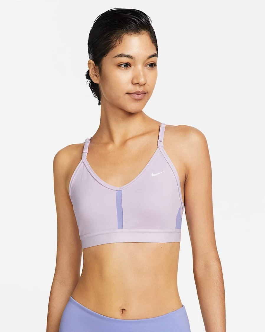 Nike Indy Women's Light-Support Padded V-Neck Sports Bra - Doll, Light Thistle, White