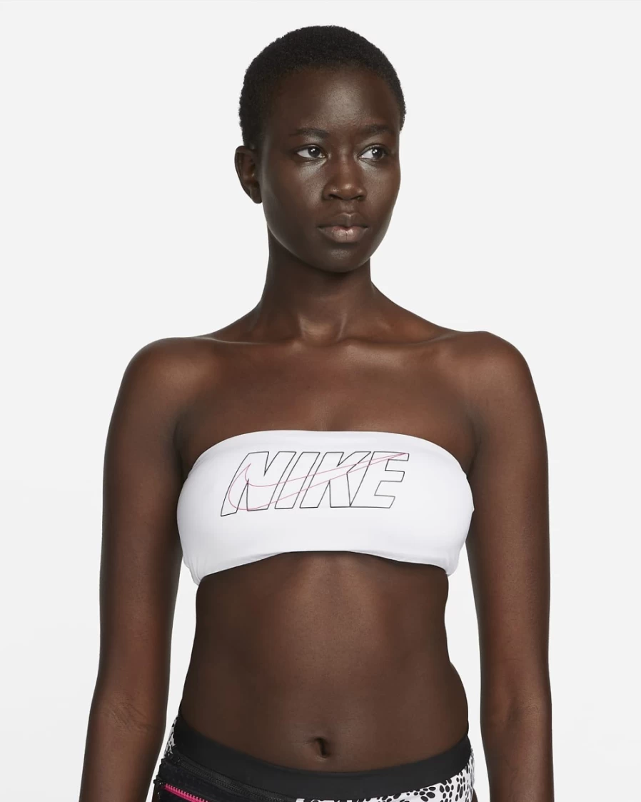 Nike Women's White Multi Logo Bandeau Bikini Top - Sporty Swimwear for Women