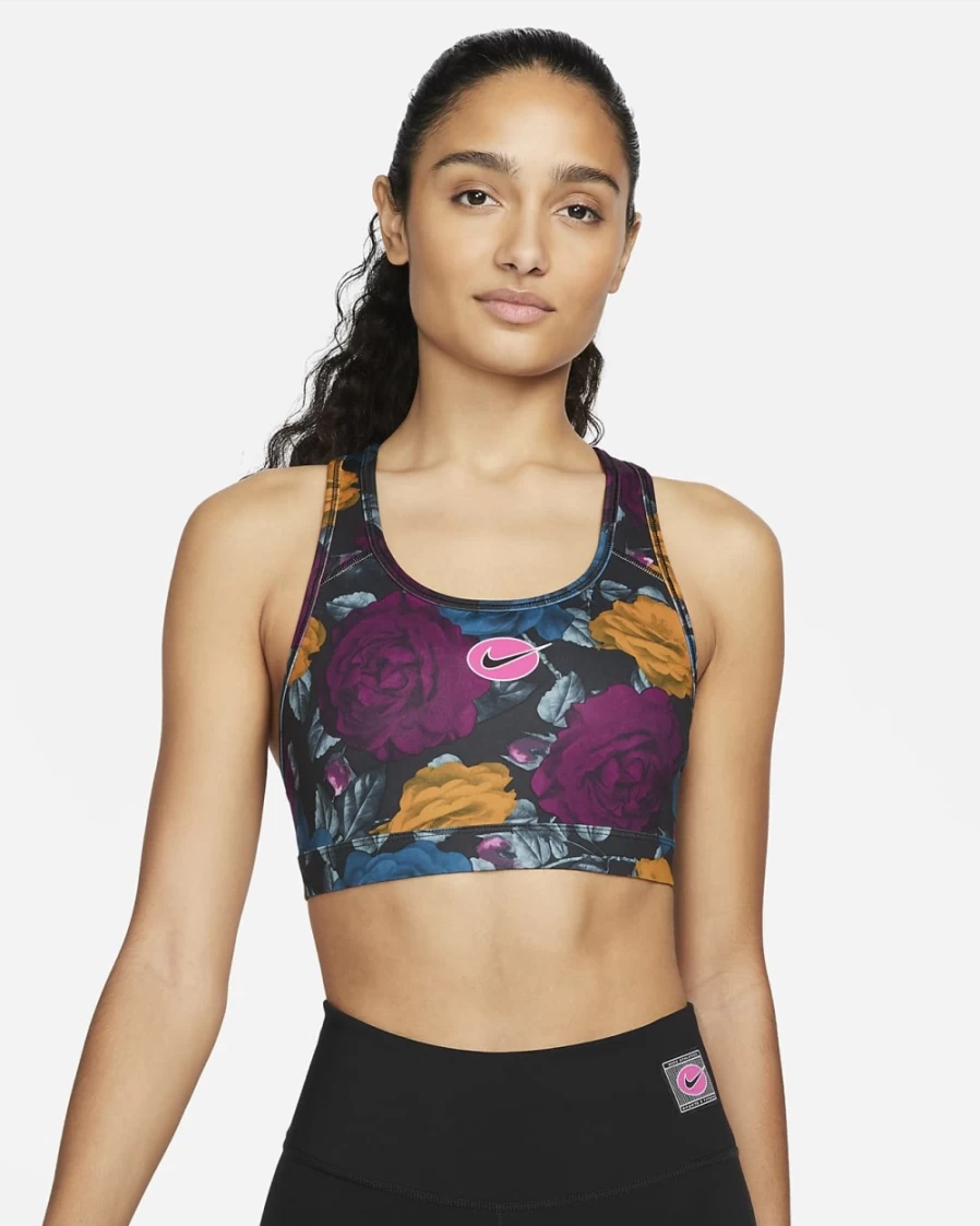 Nike Women's Medium-Support Swoosh Icon Clash Sports Bra - Black/White/Active Pink Strappy Non-Padded Design