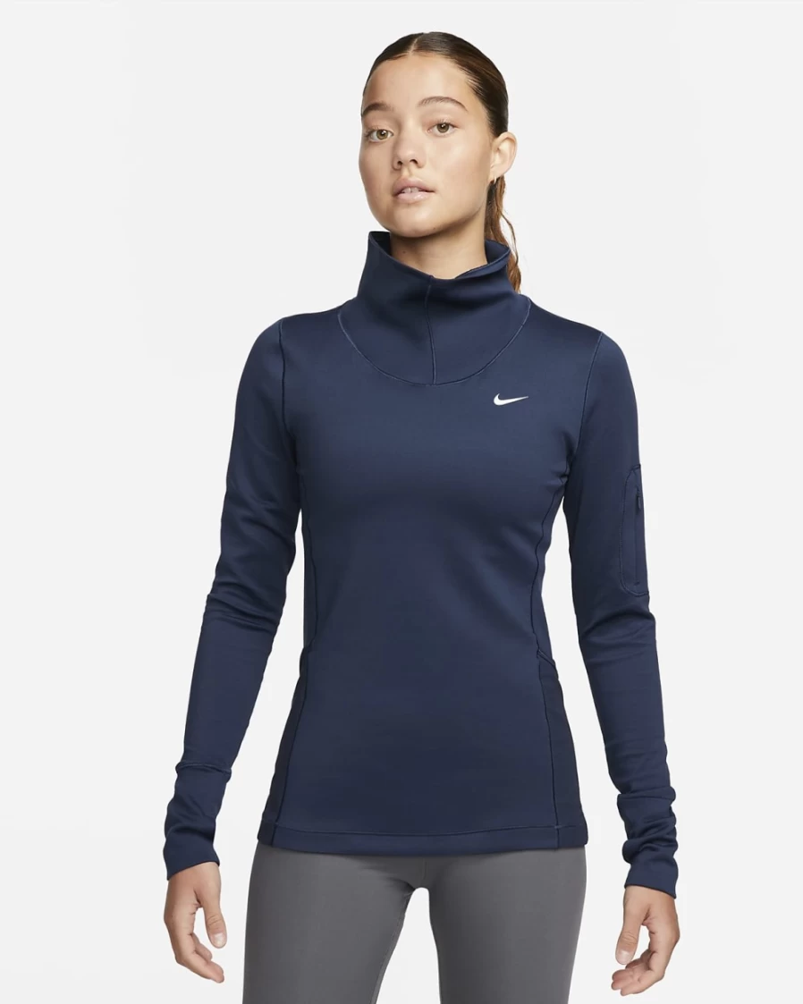 Nike Pro Therma-FIT Women's Long-Sleeve Training Top - Midnight Navy/White - Moisture-Wicking & Thermal Performance