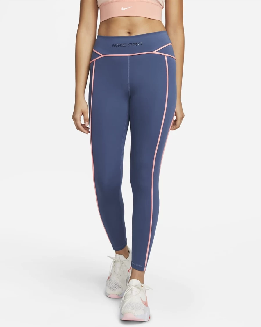 Nike Pro Women's Training Leggings 7/8 Length Mid-Rise in Mystic Navy/Pink Gaze/Midnight Navy