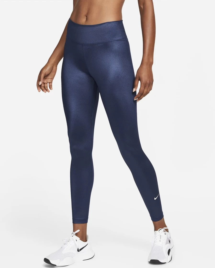 Nike Women's One Mid-Rise Shine Leggings - Midnight Navy/White - High-Shine Training Tights