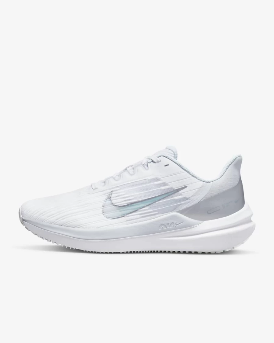 Nike Winflo 9 Women's White Pure Platinum Particle Grey Metallic Silver Road Running Shoes
