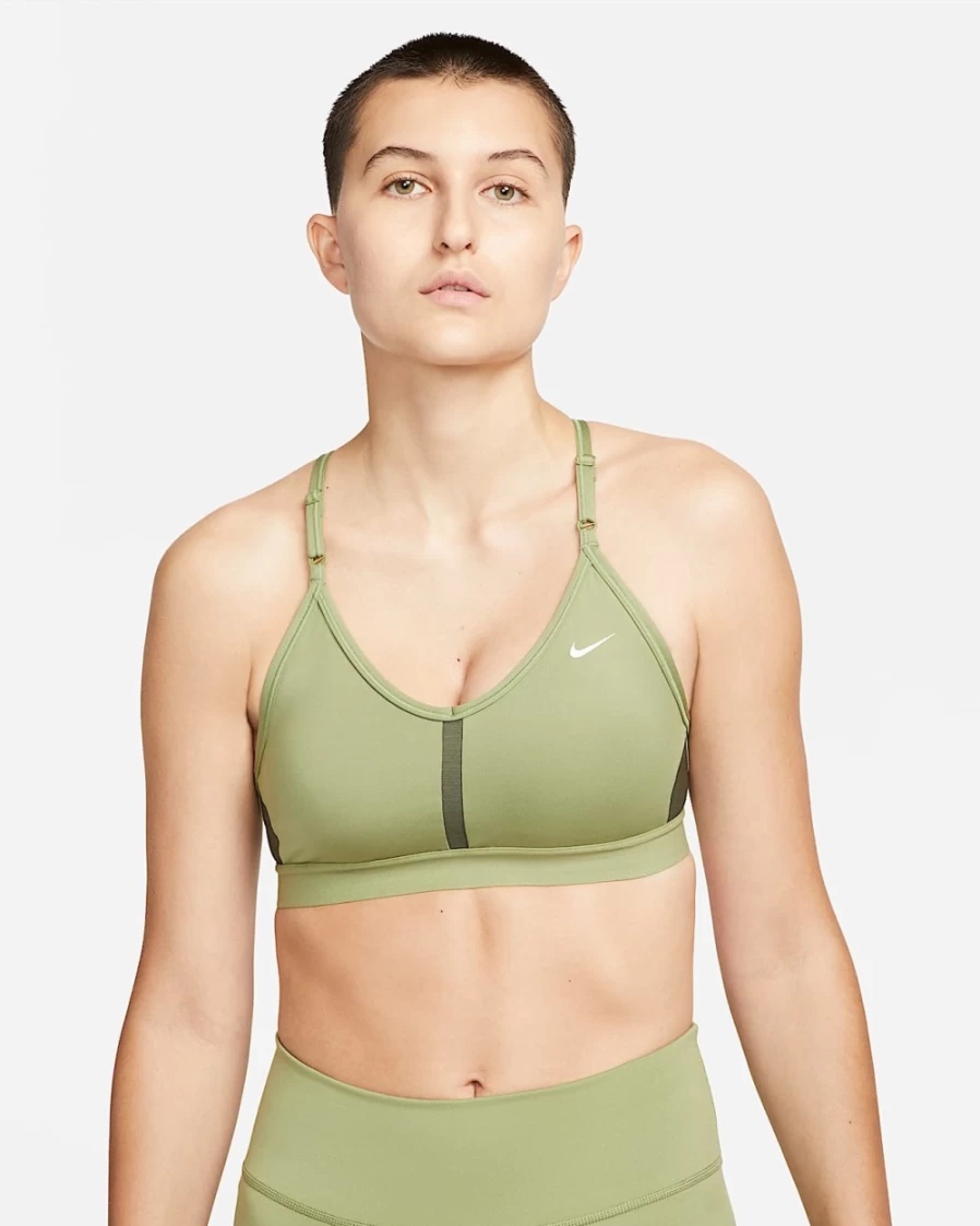 Nike Indy Women's Light-Support Padded V-Neck Sports Bra - Alligator/Cargo Khaki/White