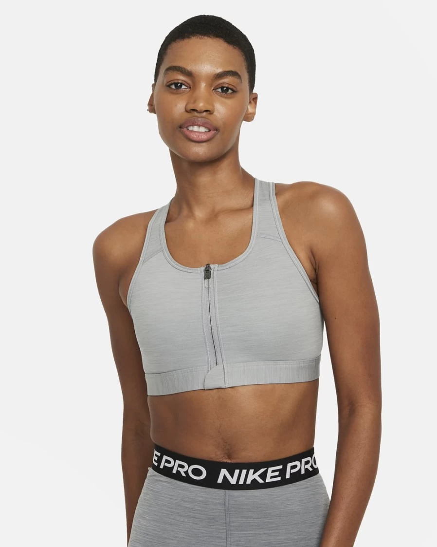 Nike Women's Medium-Support Swoosh Padded Sports Bra - Particle Grey/Heather/Black Zip-Front Design