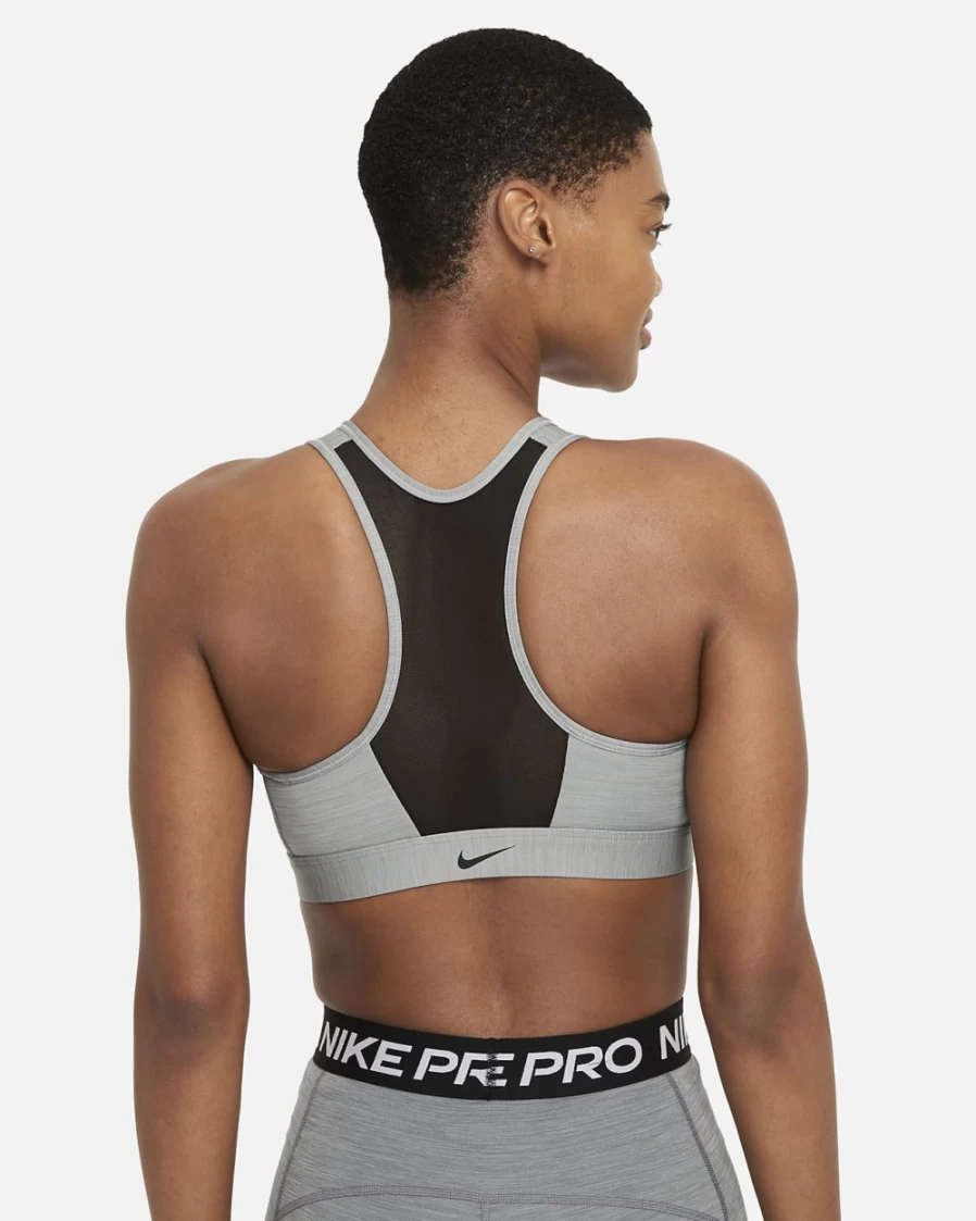 Nike Women's Medium-Support Swoosh Padded Sports Bra - Particle Grey/Heather/Black Zip-Front Design