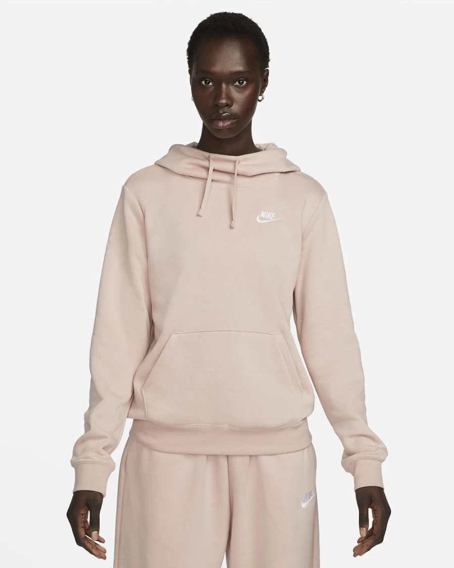 Nike Women's Pink Oxford/White Funnel-Neck Hoodie - Sportswear Club Fleece Pullover