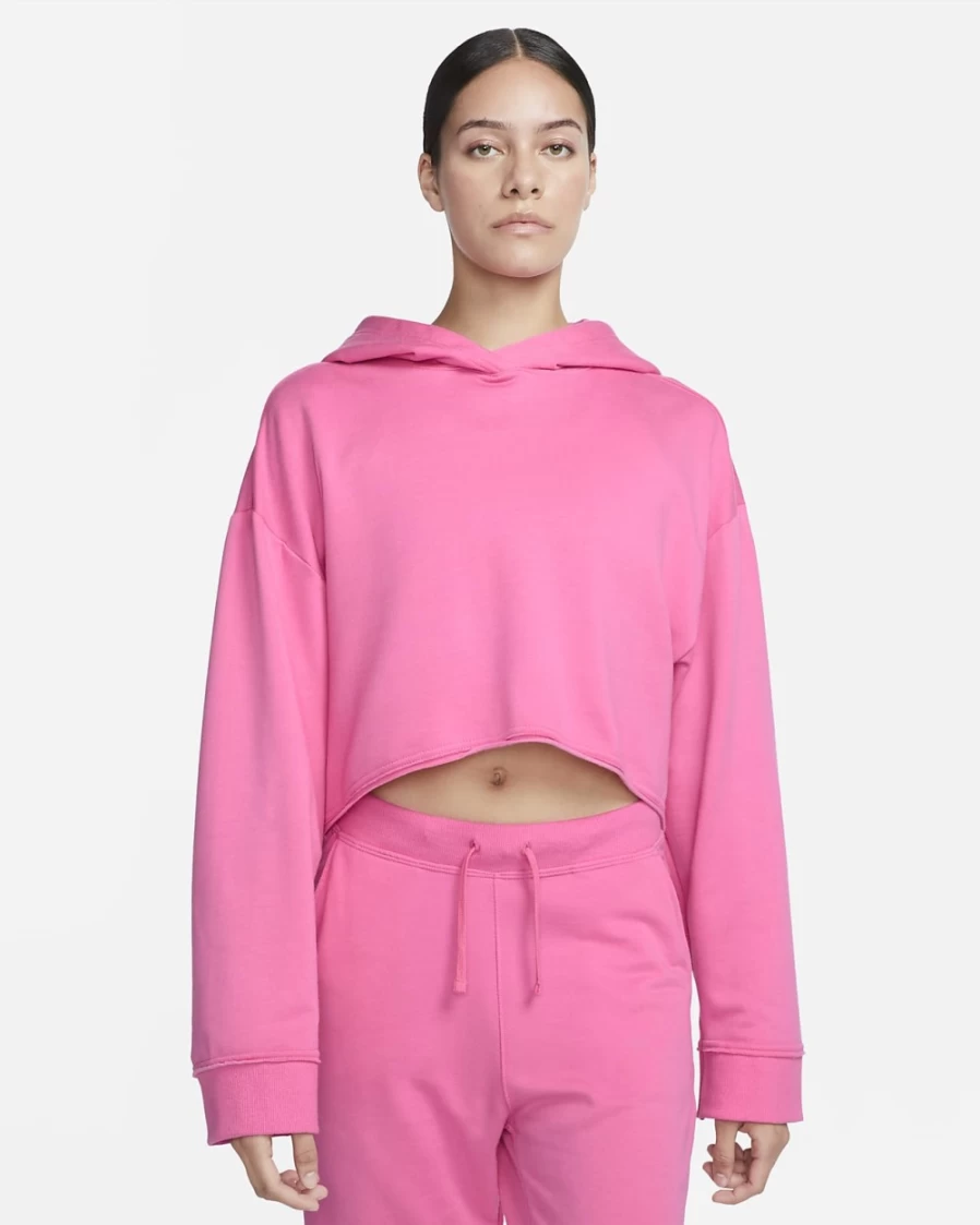 Nike Women's Yoga Luxe Cropped Fleece Hoodie in Pinksicle & Particle Grey