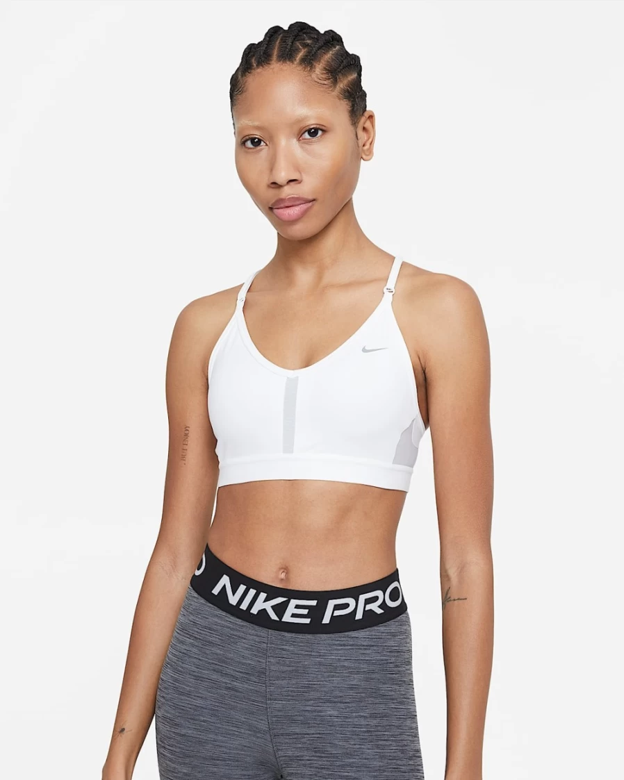 Nike Indy Women's Light-Support Padded Sports Bra - White/Grey Fog/Particle Grey - V-Neck Design