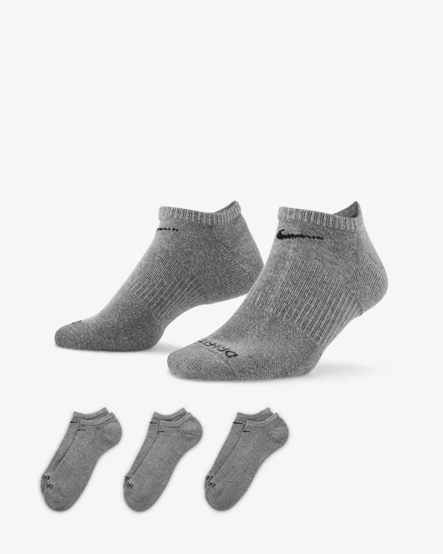 Nike Everyday Plus Cushion No-Show Socks 3-Pack for Men & Women - Carbon Heather/Black Athletic Training Socks