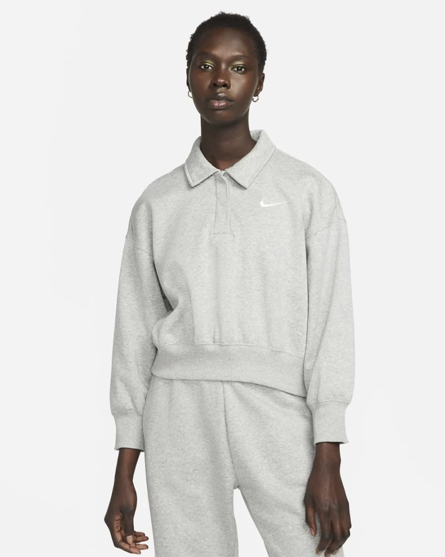 Nike Women's Dark Grey Heather 3/4-Sleeve Crop Polo Fleece Sweatshirt - Sportswear Phoenix Collection