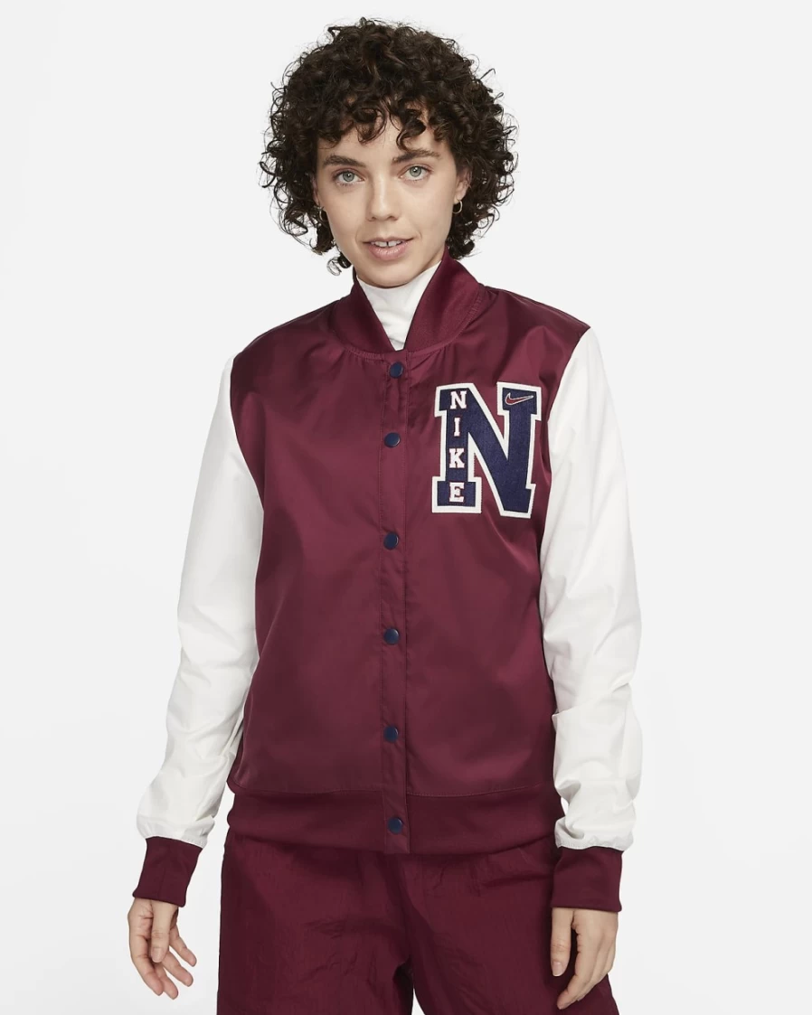 Nike Women's Dark Beetroot Varsity Jacket - Sportswear Windbreaker in Sail & Midnight Navy Colors