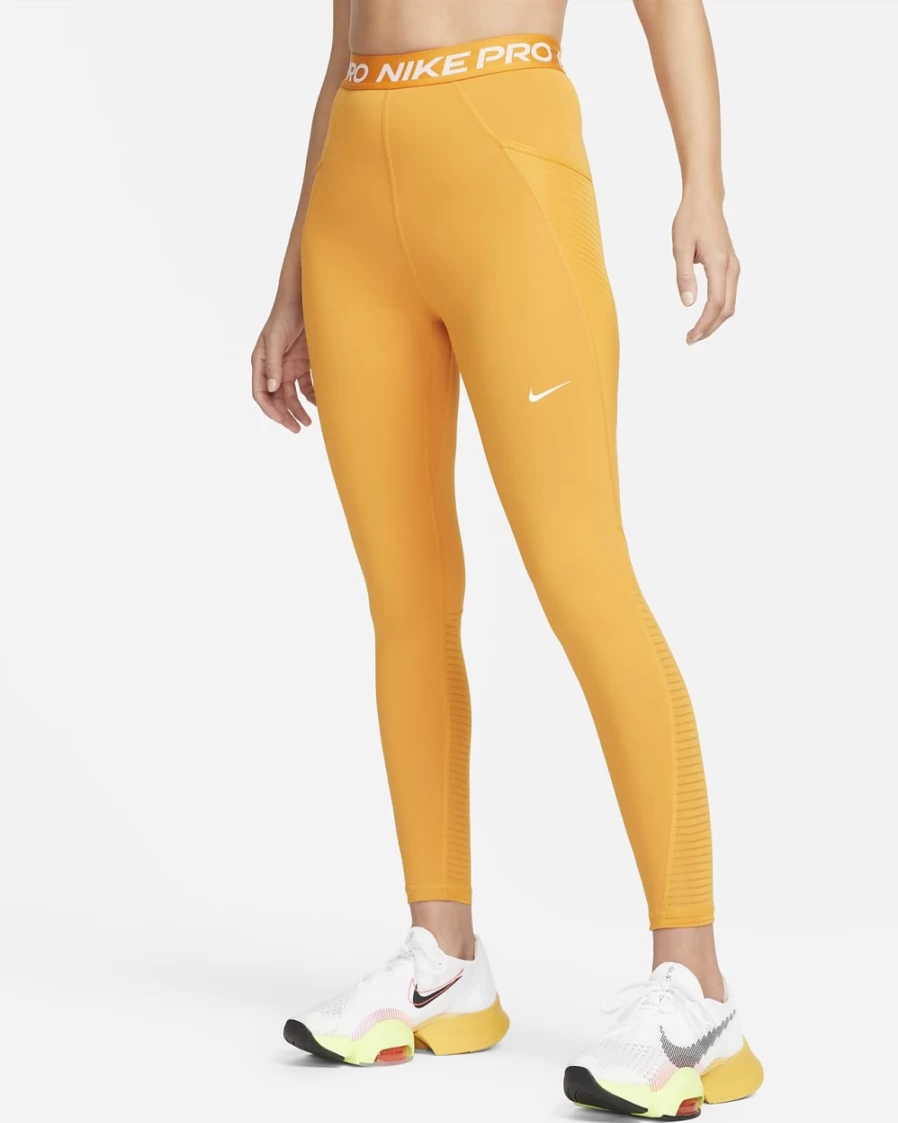 Nike Pro Women's High-Waisted Workout Leggings with Pockets - Light Curry/White - Comfortable Yoga Pants for Running & Gym