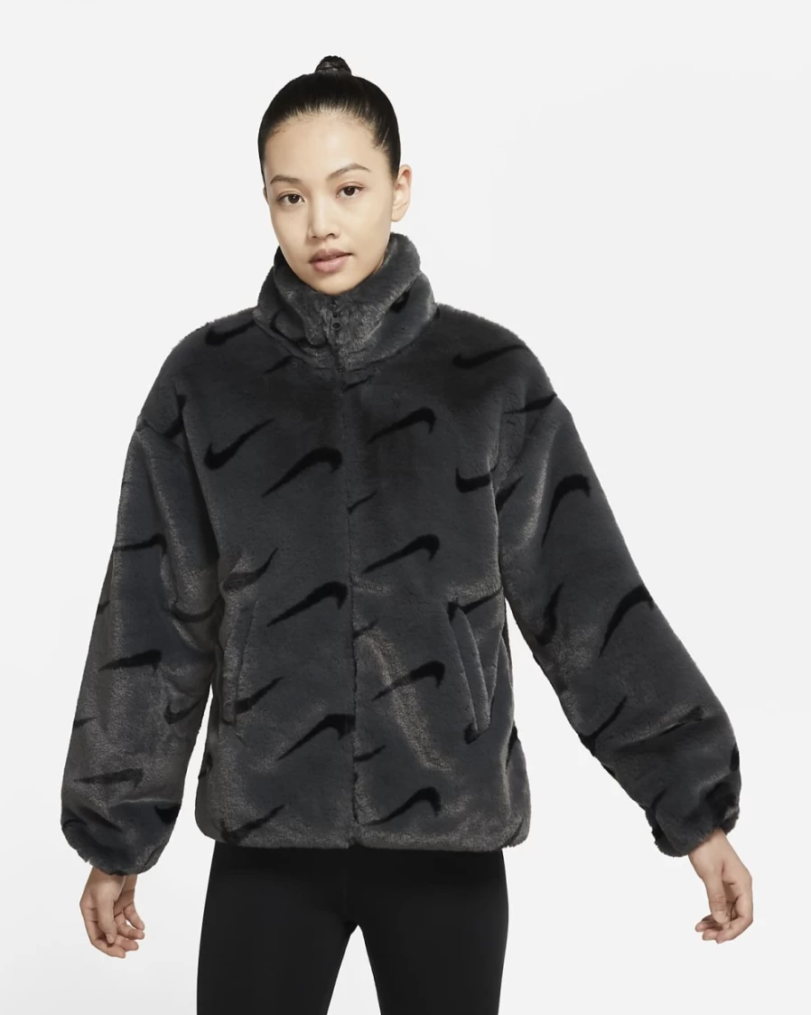 Nike Women's Dark Smoke Grey Faux Fur Jacket - Plush Printed Winter Coat