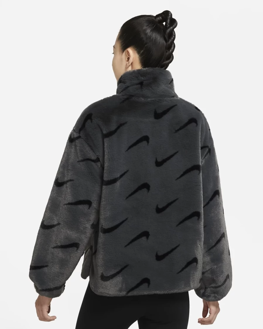 Nike Women's Dark Smoke Grey Faux Fur Jacket - Plush Printed Winter Coat for Women