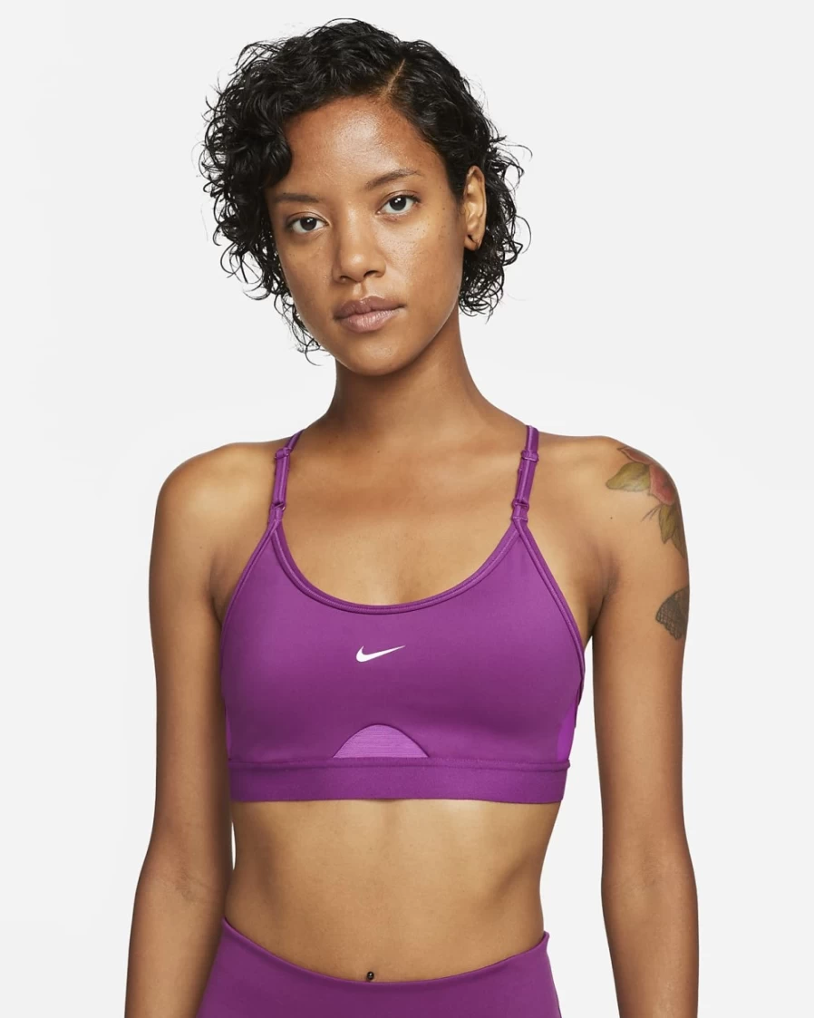 Nike Indy Women's Light-Support Sports Bra - Viotech, Vivid Purple & White Padded U-Neck Design