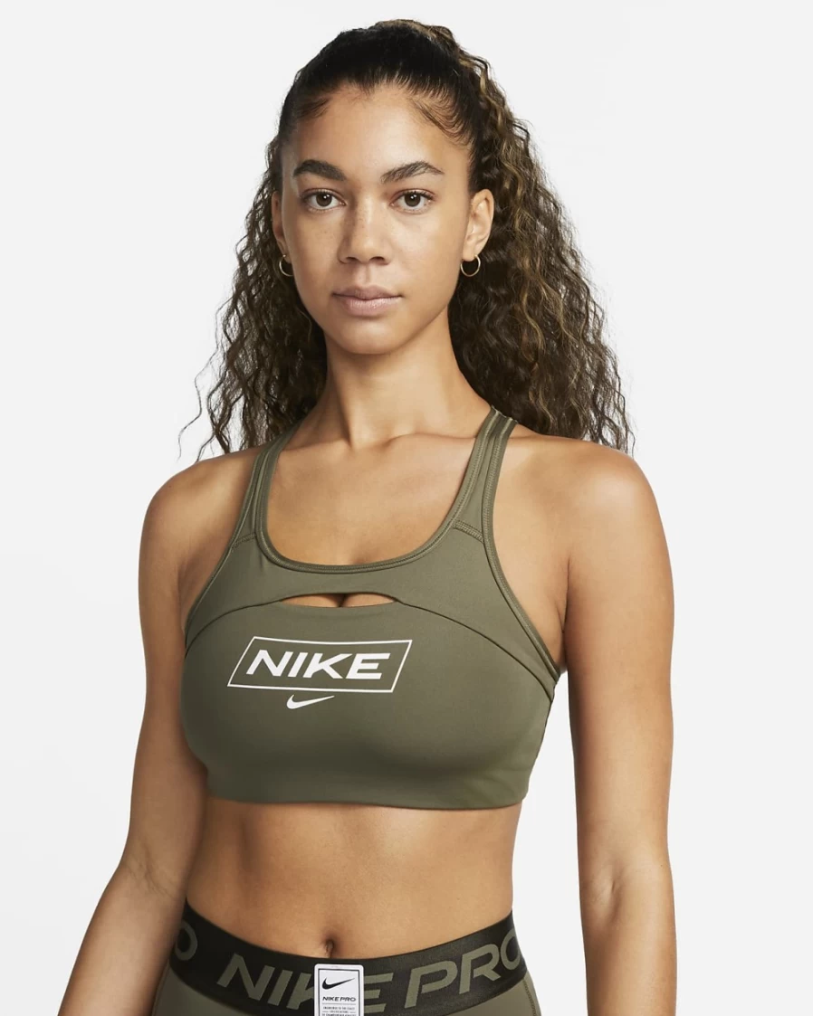 Nike Women's Medium-Support Pro Swoosh Graphic Sports Bra - Medium Olive/Sequoia/White Non-Padded