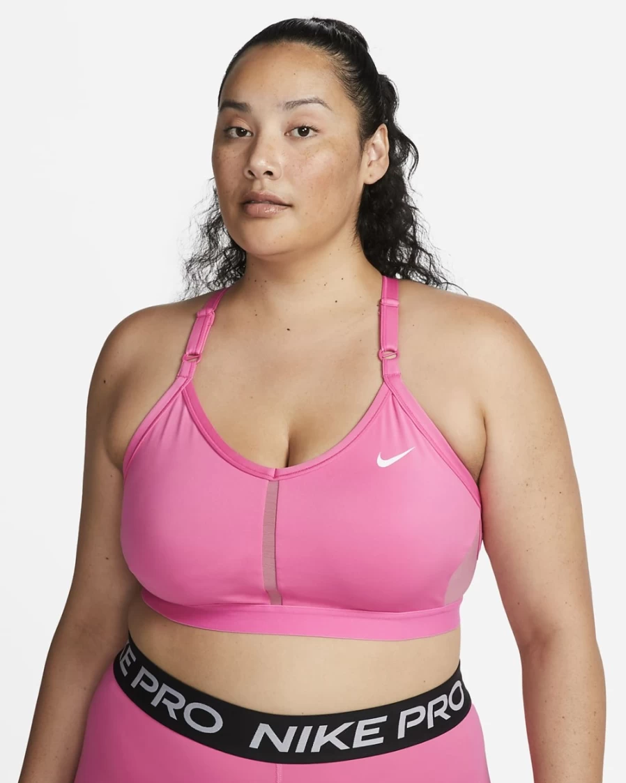 Nike Indy Women's Plus Size Light-Support Padded V-Neck Sports Bra in Pinksicle/Desert Berry/White