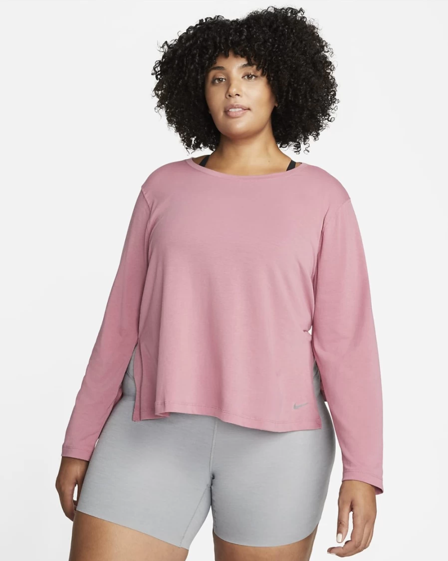 Nike Dri-FIT Women's Plus Size Long-Sleeve Yoga Top in Desert Berry/Particle Grey