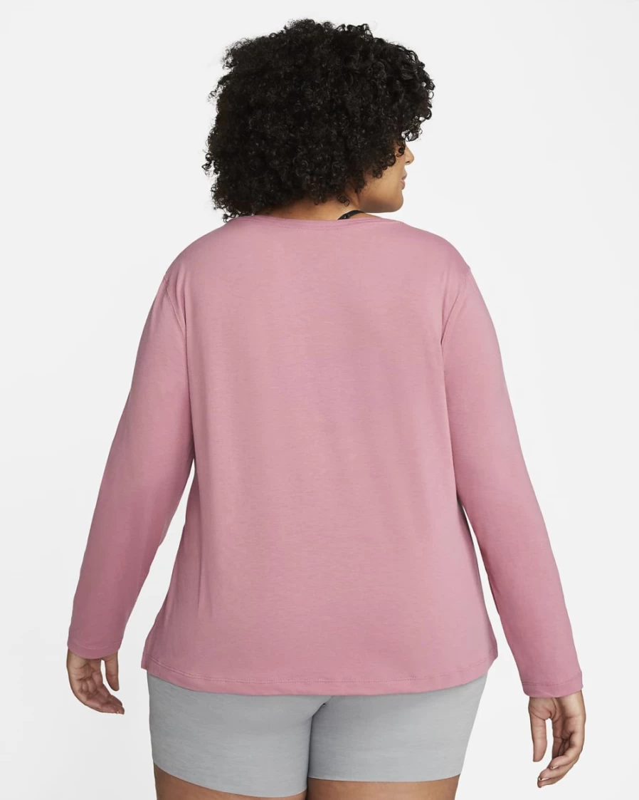 Nike Dri-FIT Women's Plus Size Long-Sleeve Yoga Top in Desert Berry/Particle Grey