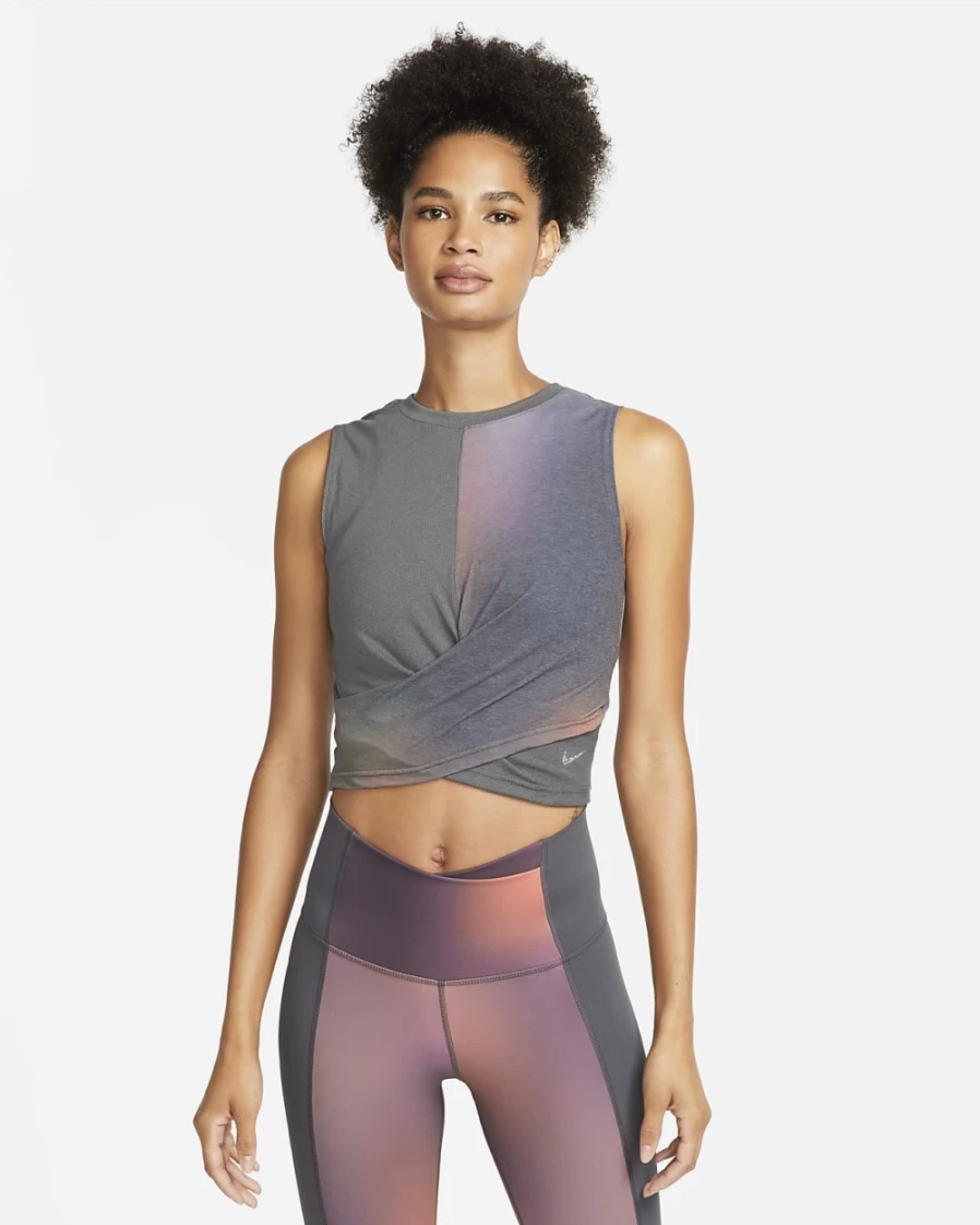 Nike Dri-FIT Women's Yoga Tank Top - Iron Grey Printed Workout Shirt for Women