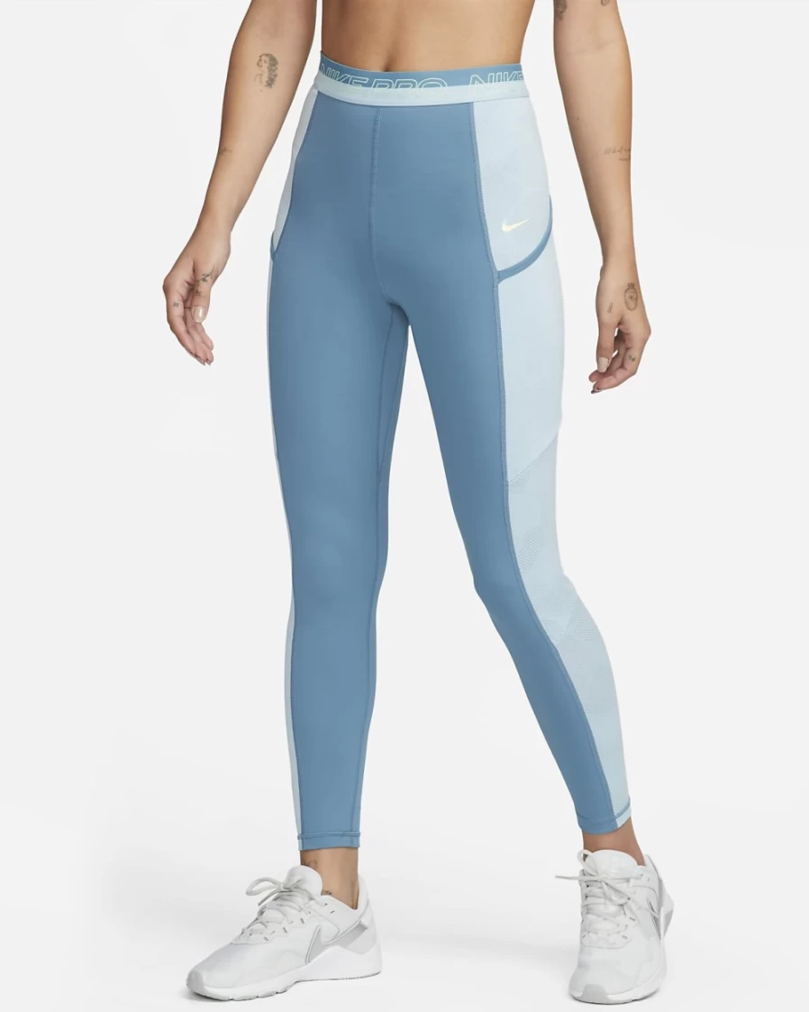 Nike Pro Women's High-Waisted 7/8 Workout Leggings with Pockets - Noise Aqua/Ocean Bliss/Citron Tint