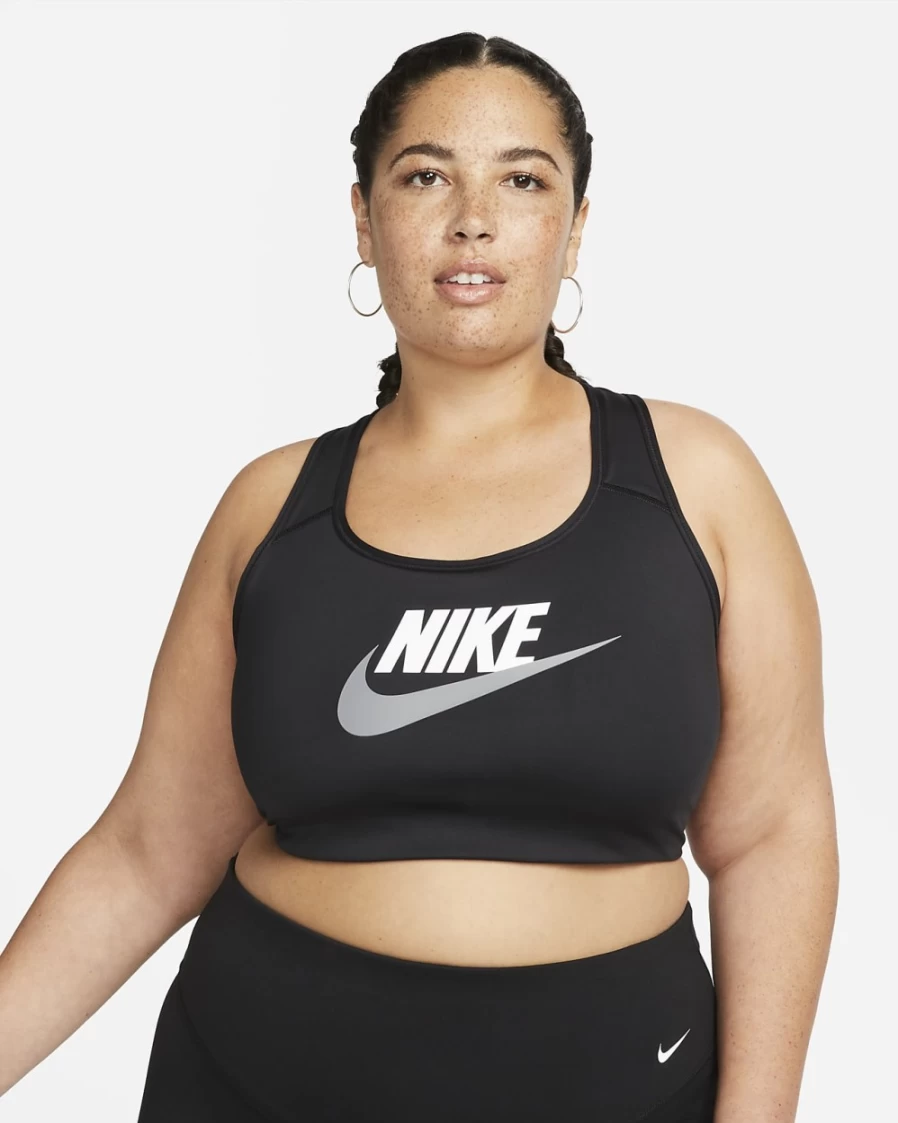 Nike Women's Plus Size Medium-Support Futura Graphic Sports Bra - Black/Particle Grey, Non-Padded Swoosh Design