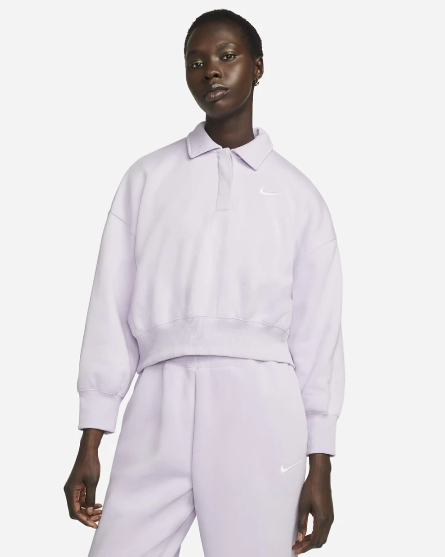 Nike Women's Doll/Sail Phoenix Fleece 3/4-Sleeve Crop Polo Sweatshirt - Sportswear Top