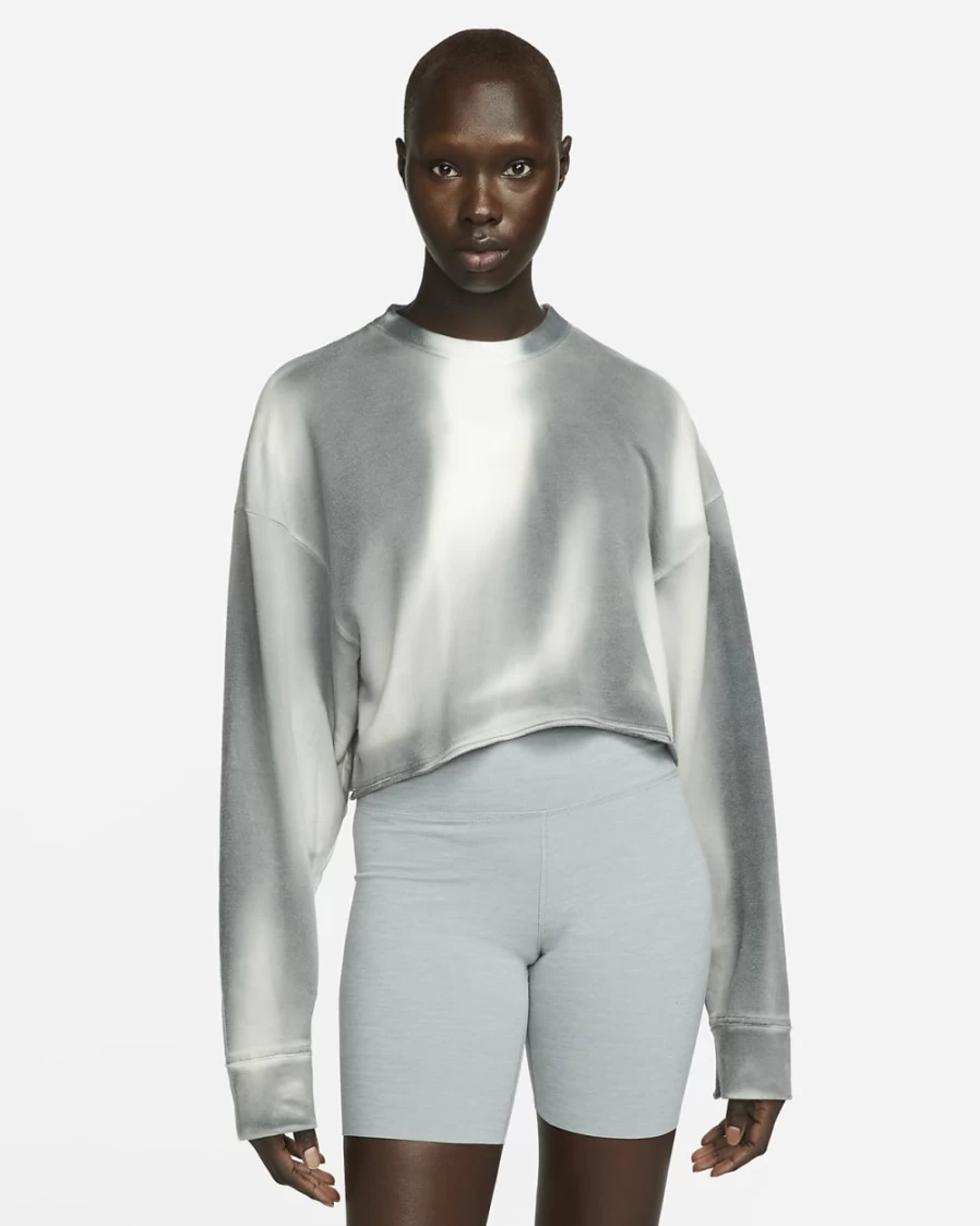 Nike Women's Yoga Luxe Cropped Crewneck Fleece Sweatshirt - Black & Light Iron Ore Pullover Top for Yoga & Lounge